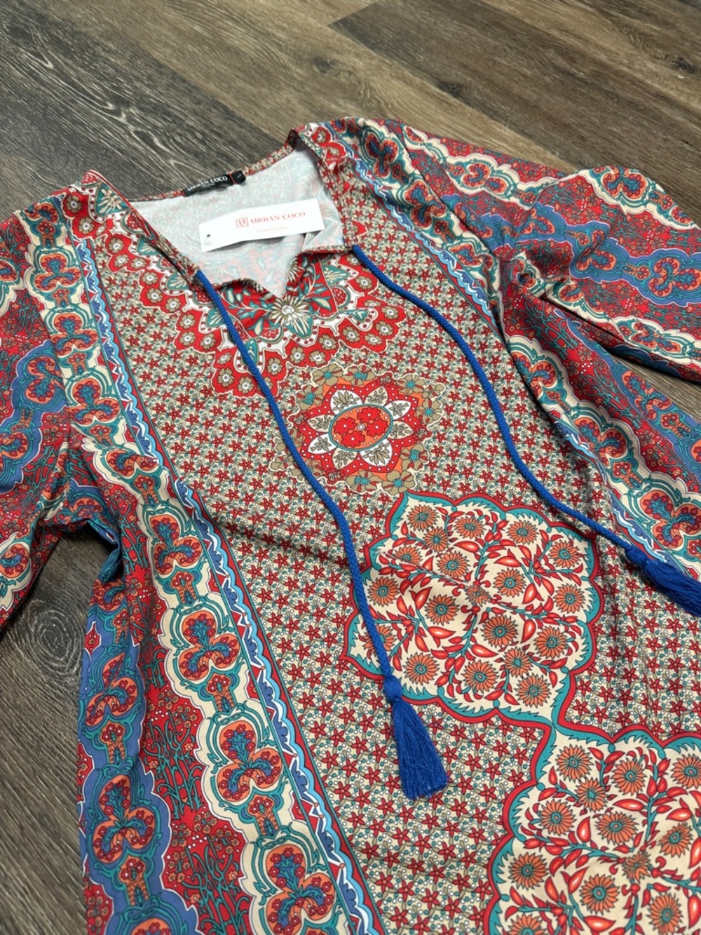 Urban Coco Red & Light Blue Printed Tunic Top - Picture 4 of 5